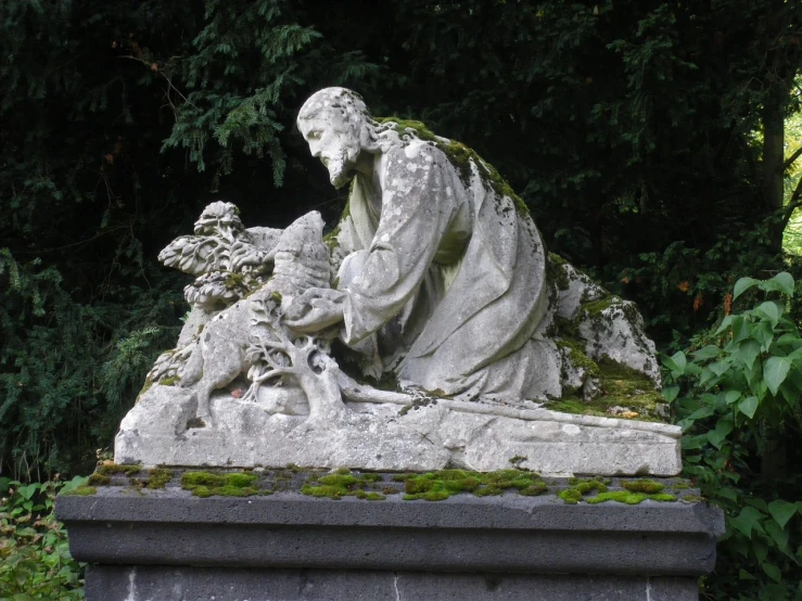 a statue of a woman kneeling over a child, by Joseph von Führich, flickr, vanitas, dog as a god, moss covered, belgium, seen from the side