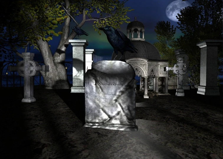 a black bird sitting on top of a tombstone, a screenshot, by Jon Coffelt, cg society contest winner, gothic art, at the graveyard at midnight, 3 d rendering, highly detailed picture, high definition screenshot