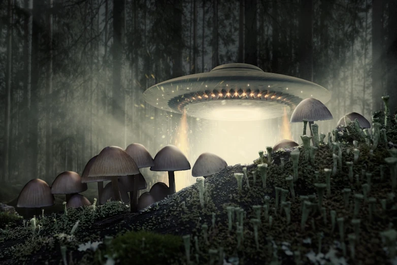 a group of mushrooms that are standing in the grass, a detailed matte painting, by Alexander Kucharsky, ufo in a forest, buzzing fluorescent lights, flying saucer, photo still