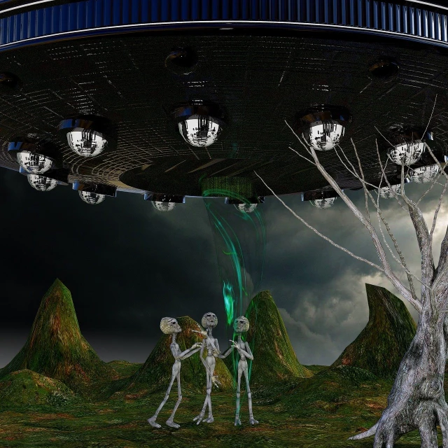 a couple of skeletons that are standing in the grass, a surrealist painting, by Jon Coffelt, pixabay contest winner, surrealism, dogfighting a ufo with lasers, high quality fantasy stock photo, interior of an alien spaceship, suspended in outer space