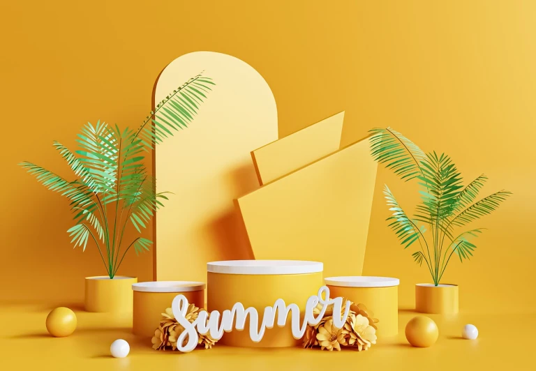 a group of cups sitting on top of a table, a 3D render, trending on behance, conceptual art, summer color scheme, yellow magic theme, curving geometric arches, poster ; summer