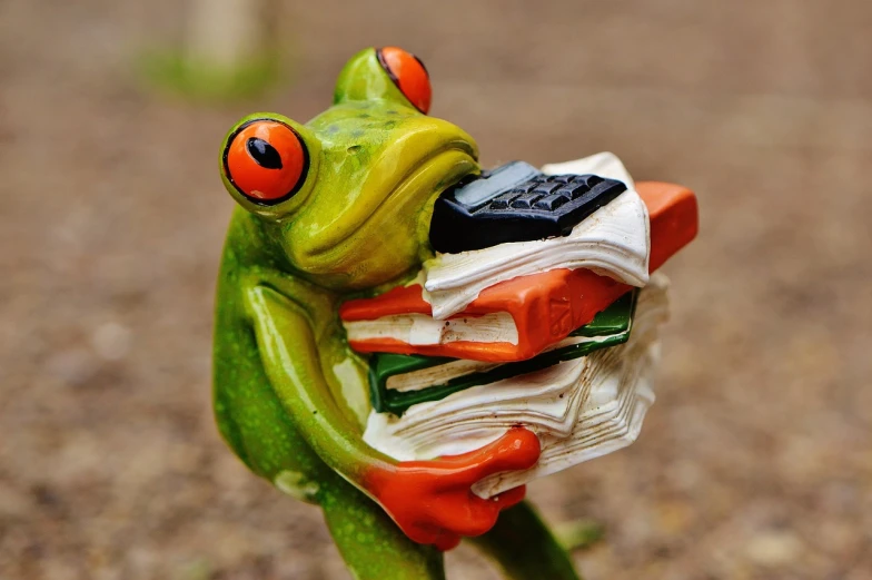 a figurine of a frog holding a stack of books, by Robert Brackman, flickr, technology and nature, cellphone, frog - elephant creature, keyboard