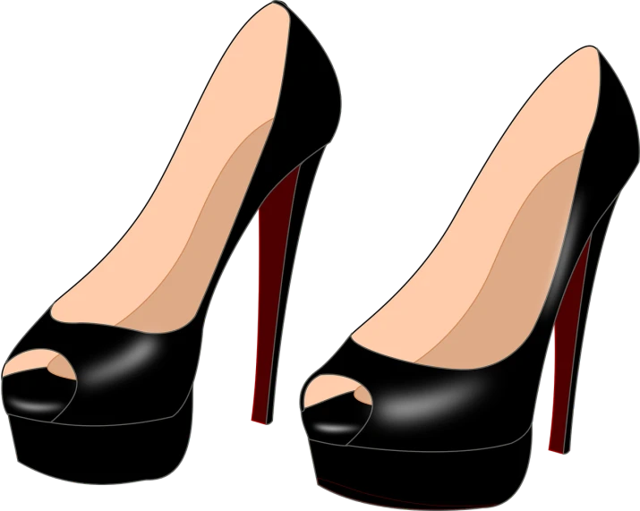 a pair of black high heeled shoes, an illustration of, pixabay, sots art, top and side view, various colors, platform, lit from the side