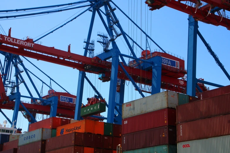 a group of containers stacked on top of each other, pexels, figuration libre, huge machine cranes, ultrafine detail ”, detailed screenshot, blue