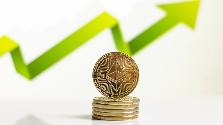 a stack of coins sitting on top of each other, 3 d of the ethereum symbol, green eays, upward shot, triangles in background