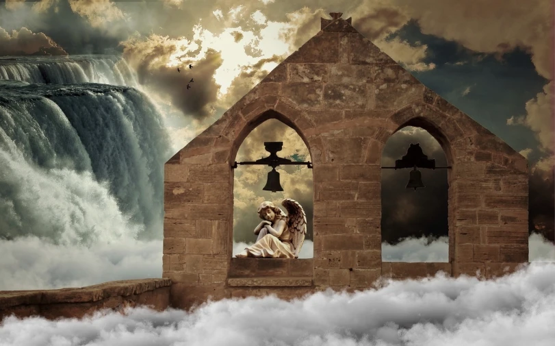 a picture of a church in front of a waterfall, surrealism, clouds outside the windows, angel protecting woman, photo - realistic wallpaper, fantasy house