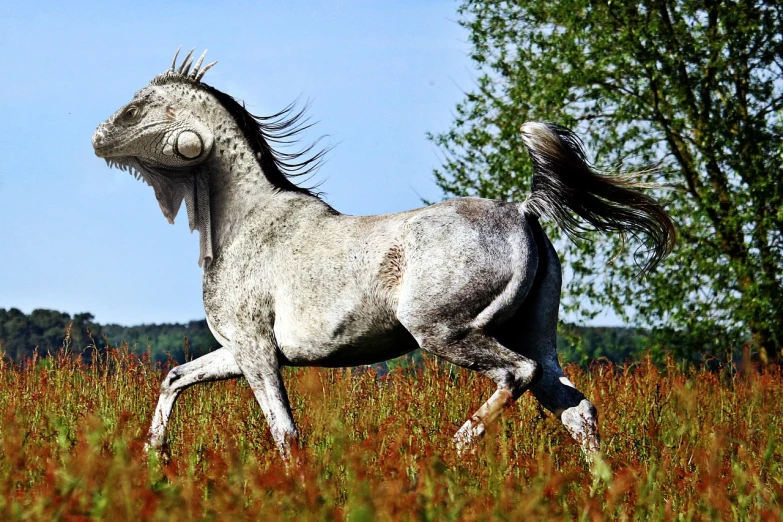 a white horse running through a field of tall grass, a digital rendering, pixabay contest winner, arabesque, huge glistening muscles, grey skin, mustang, ukraine