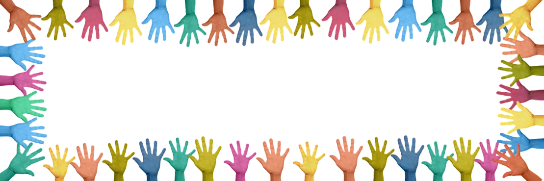 a group of multicolored hands surrounding a black background, a stock photo, color field, border, uniform background, animation, seams