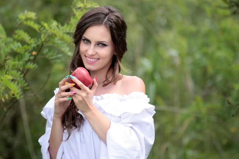 a woman in a white dress holding an apple, a picture, by Antoni Brodowski, pixabay, romanticism, cute seductive smile, traditional romanian clothing, brunette, fruit