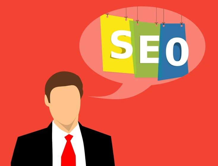 a man in a suit and tie standing in front of a sign that says seo, an illustration of, flat illustration, dominating red color, marketing illustration, ear