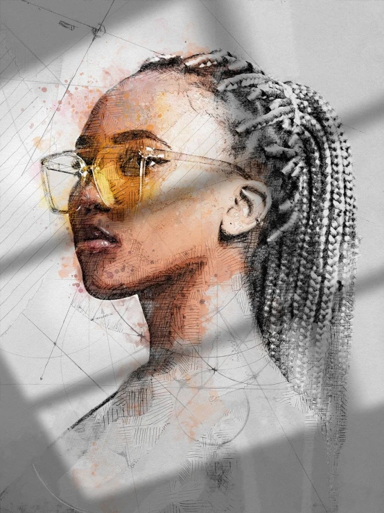 a digital painting of a woman with glasses, a digital painting, trending on pexels, afrofuturism, mixed media style illustration, high quality sketch, girl with plaits, masterpiece work of art