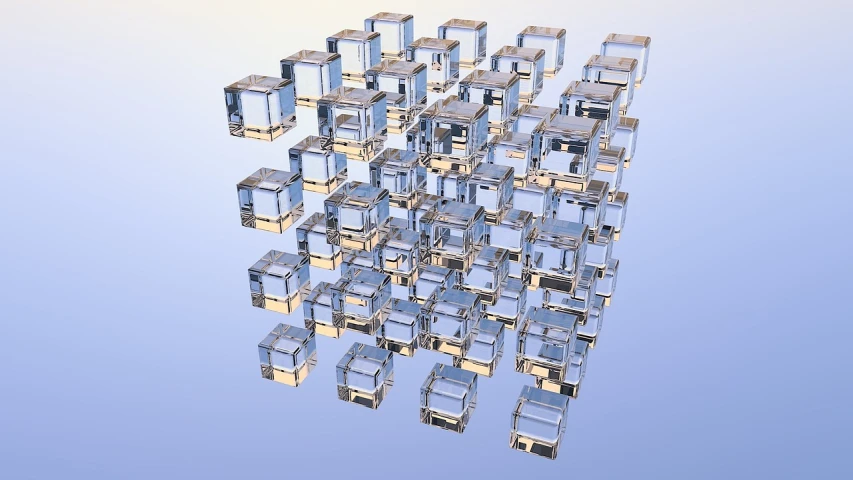 a bunch of glass cubes floating in the air, a raytraced image, frostbite 3 rendered, image full of reflections, with a blue background, many floors