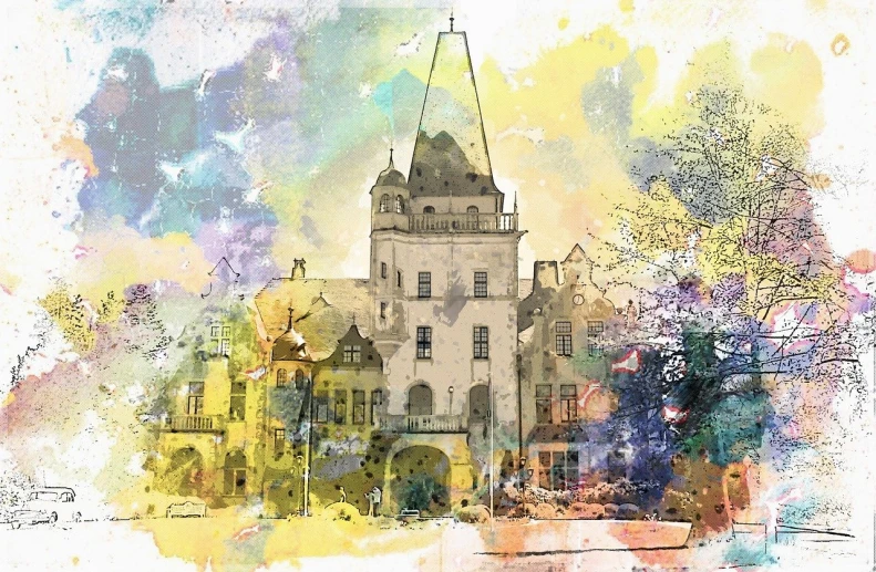 a watercolor painting of a building with a clock tower, inspired by Franciszek Kostrzewski, trending on pixabay, chateau frontenac, mixed media style illustration, lower saxony, springtime morning