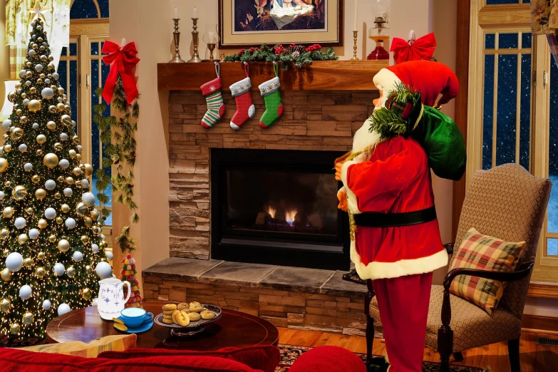 a santa clause standing in front of a christmas tree, by senior artist, shutterstock, traditional fireplace, high resolution product photo, with a cup of hot chocolate, high res photo