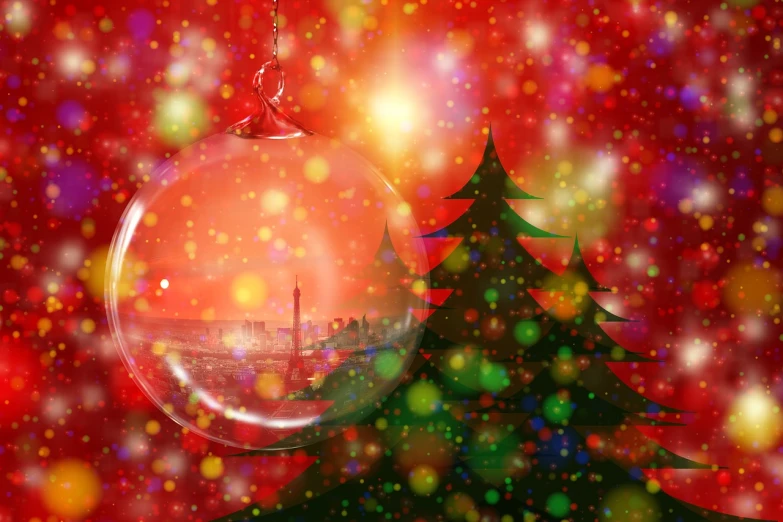 a christmas ornament hanging from a christmas tree, a picture, pointillism, tokyo background, magic bubble barrier, paris background, rendering