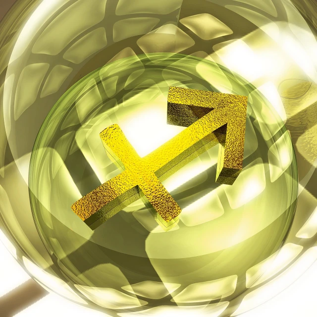 a golden zodiac sign in a glass of water, a digital rendering, digital art, arrow, closeup photo, transgender, cross