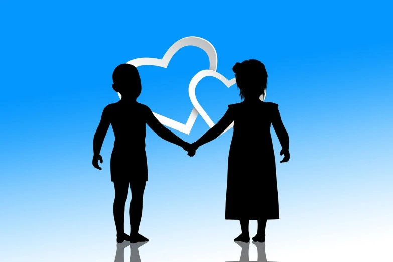 a couple holding hands in front of a heart, by Susan Heidi, pixabay, young girls, blue and black, kid, background is heavenly