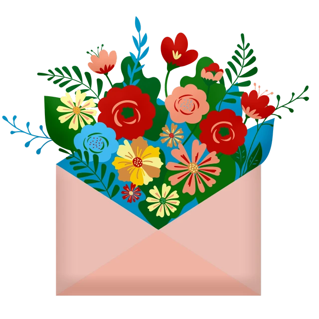 an open envelope with a bouquet of flowers inside, inspired by Maksimilijan Vanka, flat vector art, on black background, full color illustration, flowers and trees