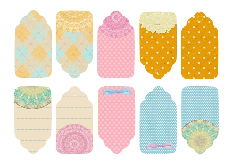 a bunch of tags sitting on top of each other, vector art, mail art, lace, pastel texture, card template, vintage shapes