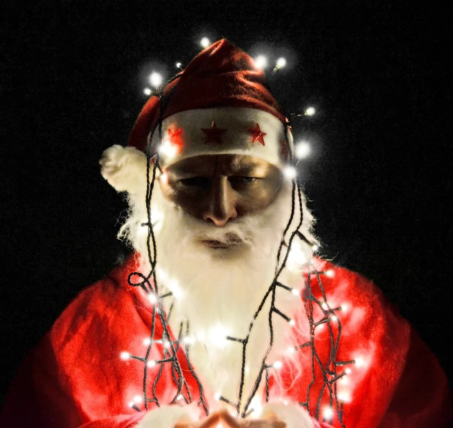 a close up of a person wearing a santa costume, a portrait, by Joe Bowler, fairy lights, nicolas delort, scientific photo, he is casting a lighting spell