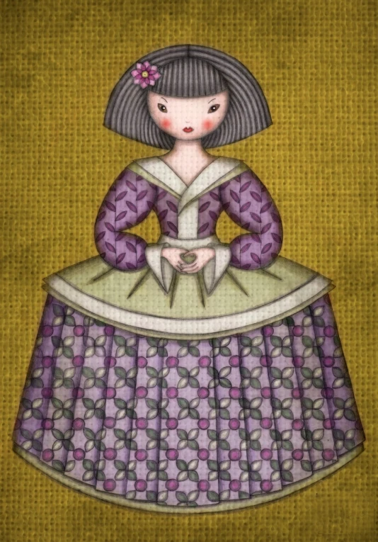 a painting of a woman in a purple dress, inspired by Matsuno Chikanobu, naive art, patchwork doll, symmetrical digital illustration, 1 8 th century style, loosely cropped