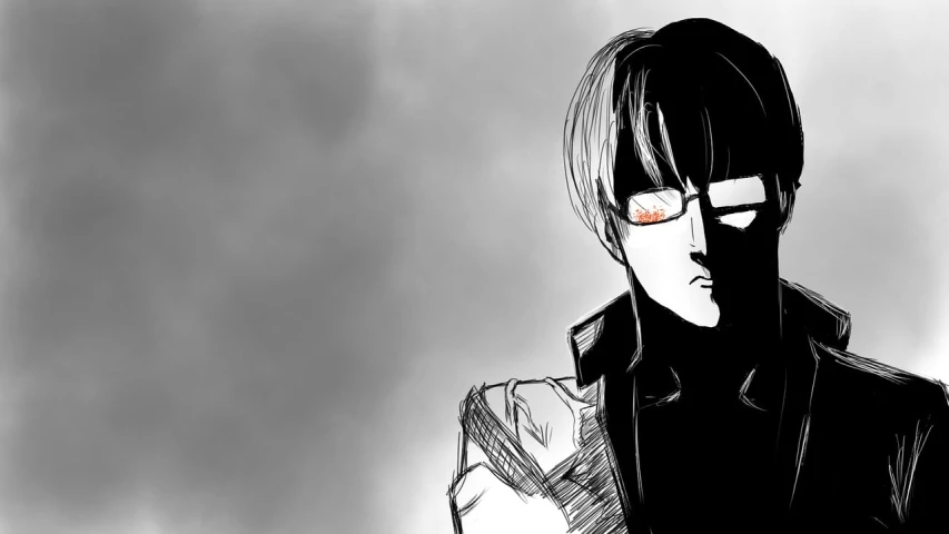 a black and white drawing of a person with red eyes, by Shingei, tumblr, sougo okita, desktop wallpaper, comic drawing style, dark glasses