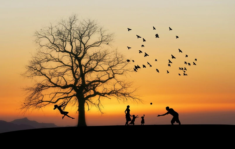 a group of people standing on top of a hill next to a tree, a picture, by Lucia Peka, trending on pixabay, conceptual art, flying through sunset, families playing, three birds flying around it, istockphoto