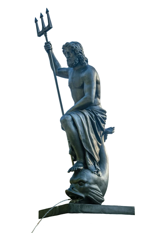 a statue of a man holding a pitchfork, a statue, by Achille Leonardi, shutterstock, the god of the sea, on black background, high resolution product photo, pisces