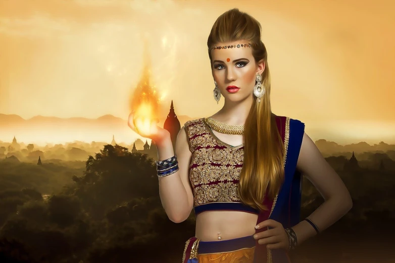 a woman holding a lit candle in her hand, a portrait, fantasy art, indian style, advertising photo, blonde - haired princess, the background is on fire