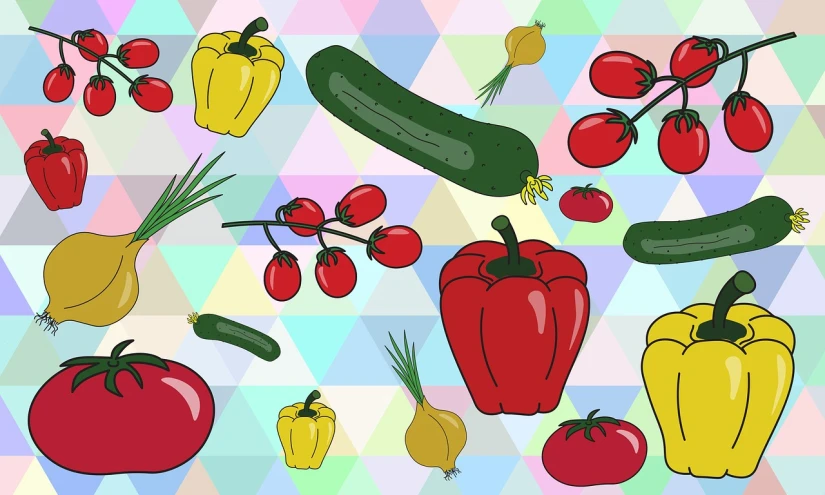 a variety of vegetables on a colorful background, a picture, pixabay, pop art, summer color pattern, hrushevka on background, tesselation, on simple background