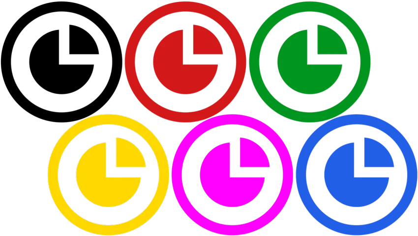 four different colored clocks on a black background, a screenshot, flickr, de stijl, 70s progressive rock logo, guccimaze, 2 5 6 x 2 5 6 pixels, watchmen comics color scheme