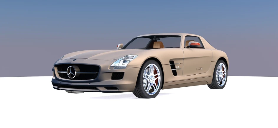 a beige sports car sitting on top of a snow covered ground, a 3D render, inspired by Harry Haenigsen, high definition screenshot, mercedez benz, metallic bronze skin, raytraced render