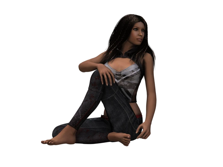 a woman sitting on the ground with her legs crossed, a 3D render, sexy girl with dark complexion, ( ( ( wearing jeans ) ) ), gothic girl, upper body avatar
