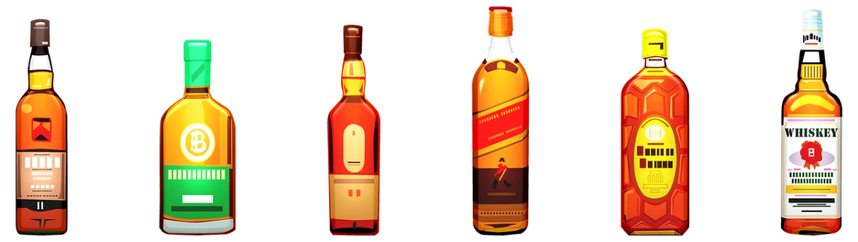 a group of different types of alcohol bottles, vector art, pixabay, renaissance, medium shot of two characters, red and gold, very minimal vector art, jamaica