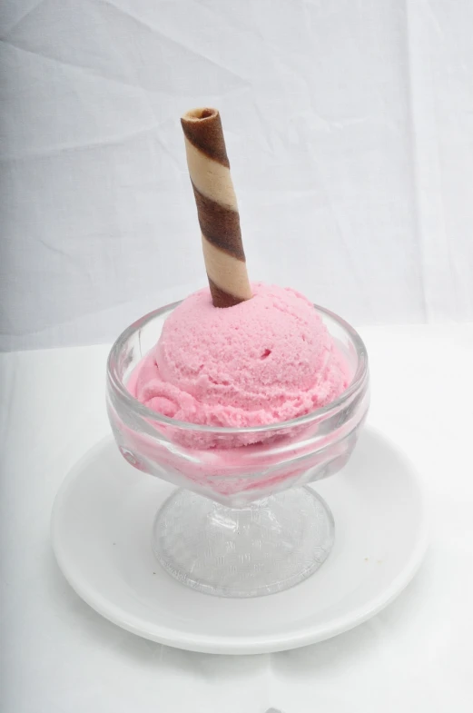 a bowl of ice cream with a striped stick sticking out of it, a pastel, inspired by Jacopo Bellini, flickr, renaissance, raspberry banana color, cinnabar, light pink mist, in style of mike savad”