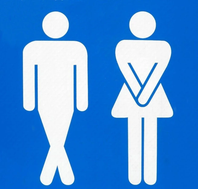 a blue sign with a man and a woman standing next to each other, by Allen Jones, antipodeans, siting on a toilet, valeriy vegera, feeling of disgust, no crop