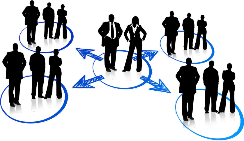 a group of business people standing in a circle, a digital rendering, by Mirko Rački, pixabay, blue and black scheme, battle position, vendors, symmetrically