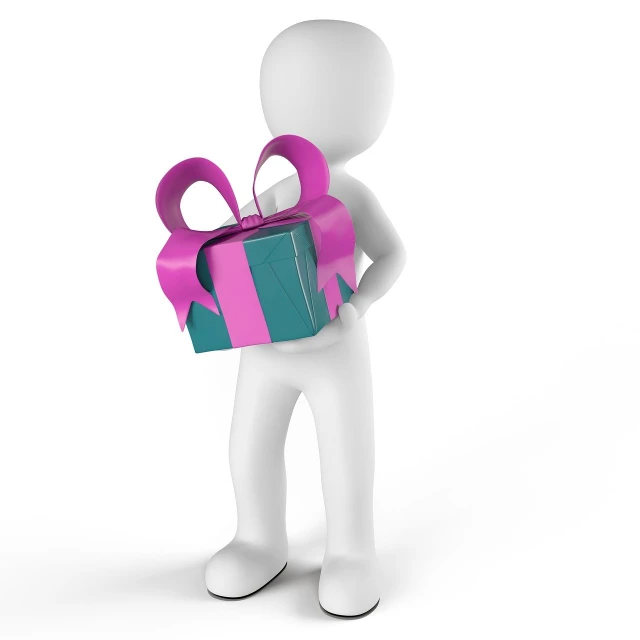 a person holding a pink and green gift box, a digital rendering, figuration libre, 3d characters, the man have a backpack, birthday wrapped presents, white box