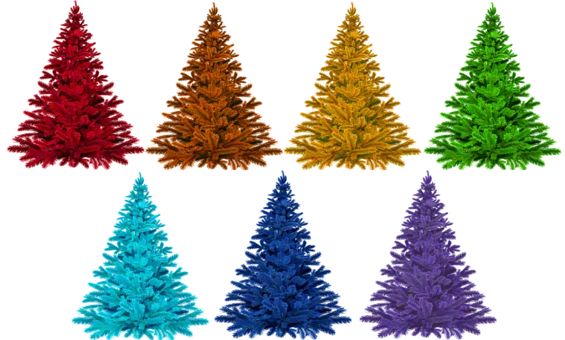 a set of six different colored christmas trees, a raytraced image, inspired by Edgar Schofield Baum, pexels, fine art, just one rainbow 8 k, zbrush sculpt colored, very intense, thumbnail
