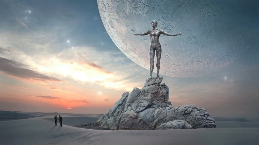a statue of a man standing on top of a rock, digital art, by Alexander Kucharsky, cg society contest winner, “ femme on a galactic shore, the moon cast on the man, female ascending, andromeda