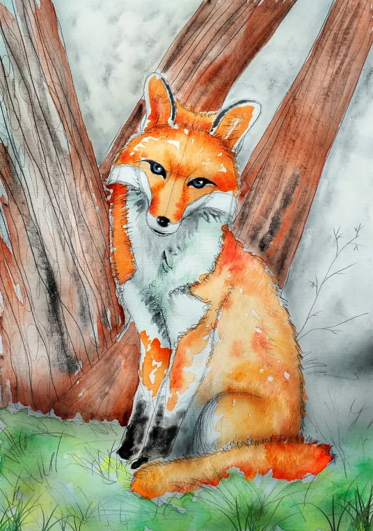 a painting of a fox sitting next to a tree, a watercolor painting, furry art, lowres, closeup!!!!!!, 🦩🪐🐞👩🏻🦳, ink and colours on silk