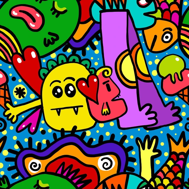 a bunch of colorful cartoon characters on a blue background, inspired by Howard Arkley, tumblr, toyism, !!! very coherent!!! vector art, monsters in the background, hyper detail illustration, abstract pattern