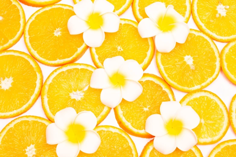 a bunch of orange slices with flowers on them, a stock photo, by Tadashi Nakayama, trending on shutterstock, art deco, plumeria, background is white, high quality product image”