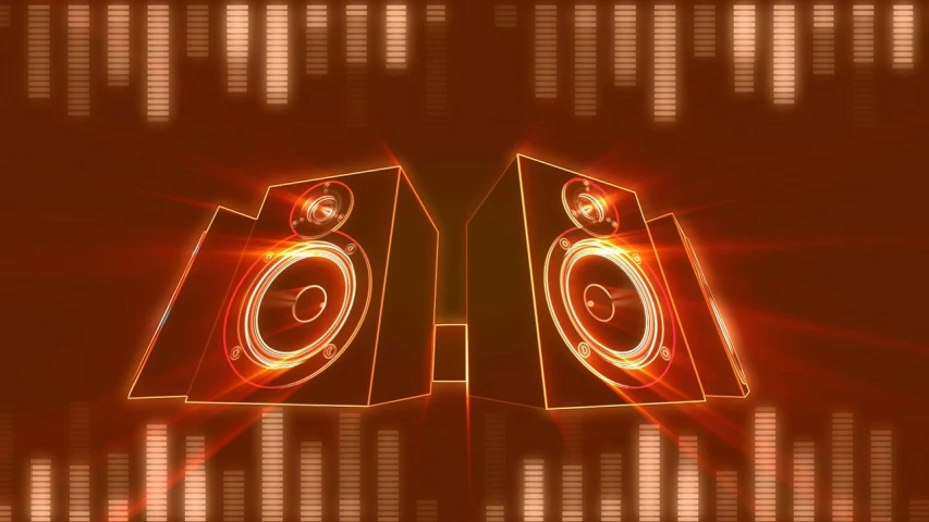two speakers sitting next to each other in front of equal equal equal equal equal equal equal equal equal equal equal equal equal equal equal equal equal equal, a computer rendering, by Juan O'Gorman, pixabay, digital art, electric orange glowing lights, dance club rave, stock footage, istock