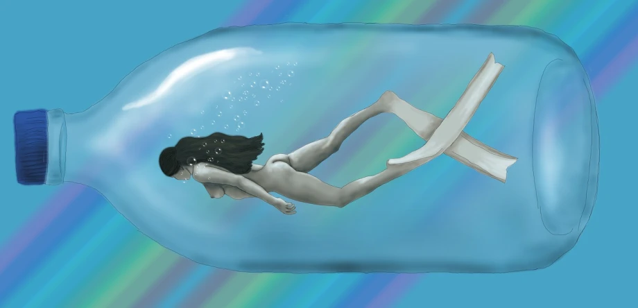 a woman floating in a bottle of water, inspired by Stevan Dohanos, deviantart contest winner, conceptual art, tubular creature, side view, underwater soft colours, spherical