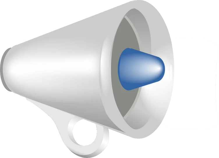 a silver and blue megaphone on a white background, an illustration of, flickr, night light, 12mm, ear, advertisment