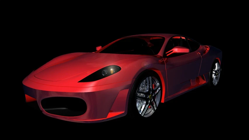 a red sports car on a black background, a raytraced image, inspired by Bernardo Cavallino, zbrush central contest winner, volumetric lighting”