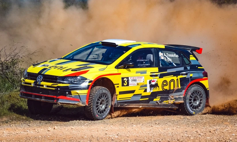 a yellow rally car driving on a dirt road, contest winner 2021, goliath, full body in shot, black and yellow and red scheme
