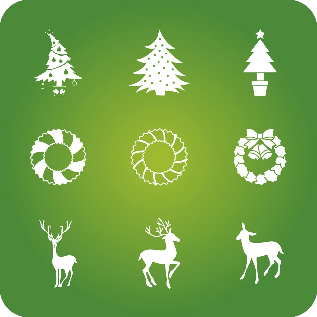 a set of white christmas icons on a green background, a photo, deer, seven, environmental, pine