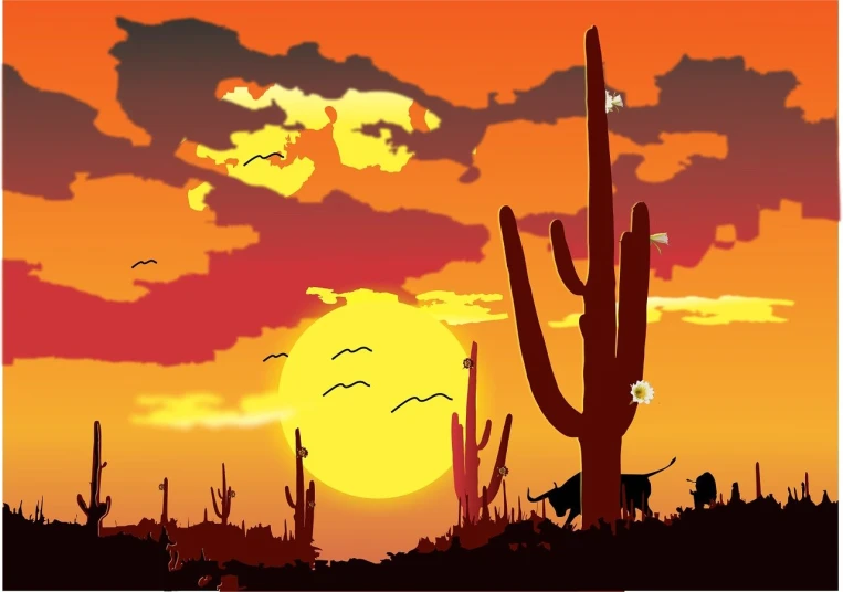 a desert scene with a cactus in the foreground, vector art, inspired by Jean Giraud, shutterstock contest winner, conceptual art, silhouette over sunset, lucky luke, western saloon theme, tucson arizona